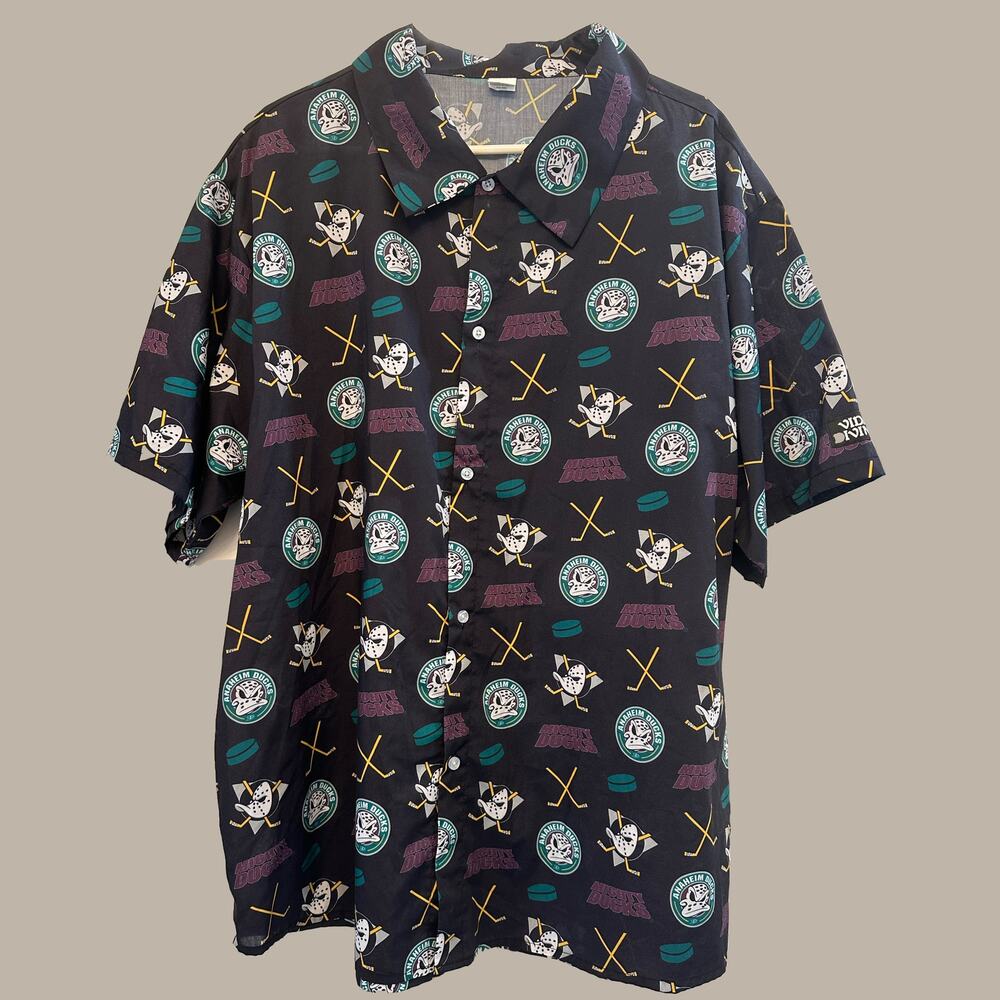Vintage Mighty Ducks Anaheim All Over Print Button Up Shirt Hockey Fan Retro